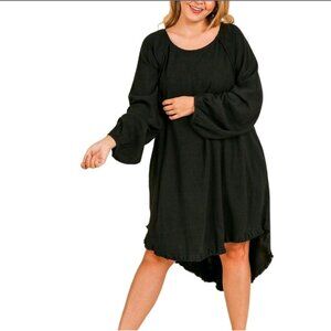 Umgee Hi-Low Linen/Cotton Blend Long Sleeve Black Top Style WC2166, Sz 1XL